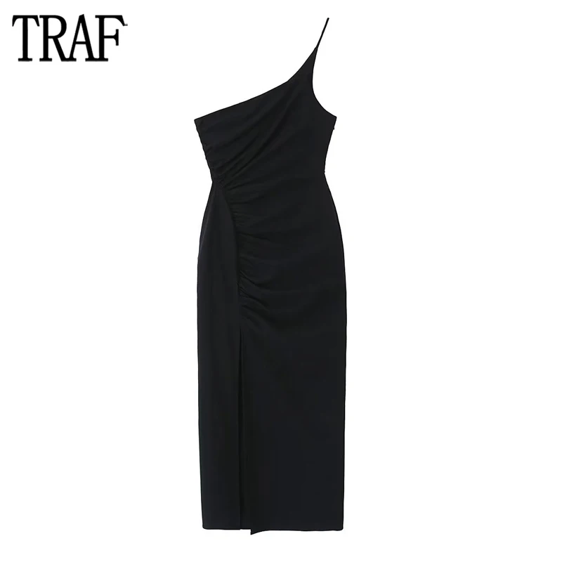 

TRAF Black Ruched Dress Woman Asymmetric Bodycon Dress Women Sexy Backless Party Dresses for Women Straps Slit Long Dress Women