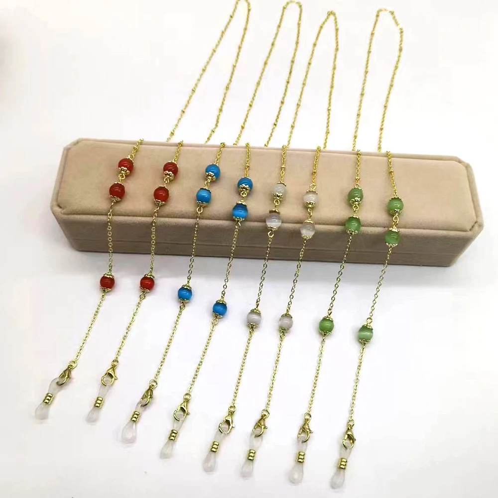 

Eyeglass Chain Cat's Eye Stone Bead Flower Charm Hanging Neck Anti-falling Glasses Chain Preserving Gold Color Plated Bracelet