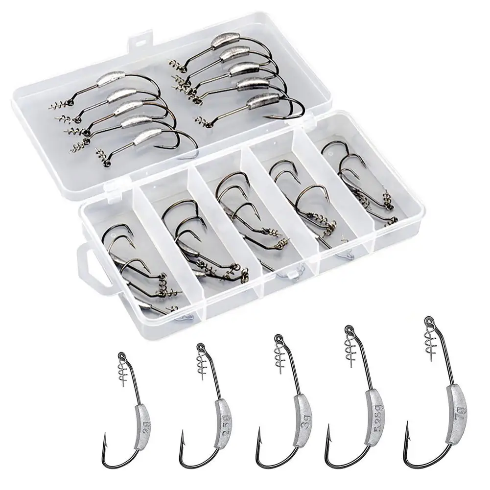 

25pcs Fishing Crank Hooks For Soft Lure Bait 5 Sizes Weighted Hooks With Spring Pin Transparent Fishing Tackle Box