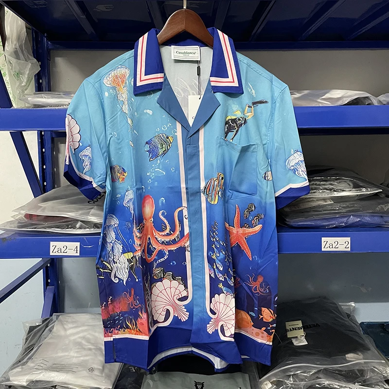 

Gradient Blue Harajuku Casablanca Summer Suit Style Shirts High Quality Breathable Fashion Pocket Mens Shirts