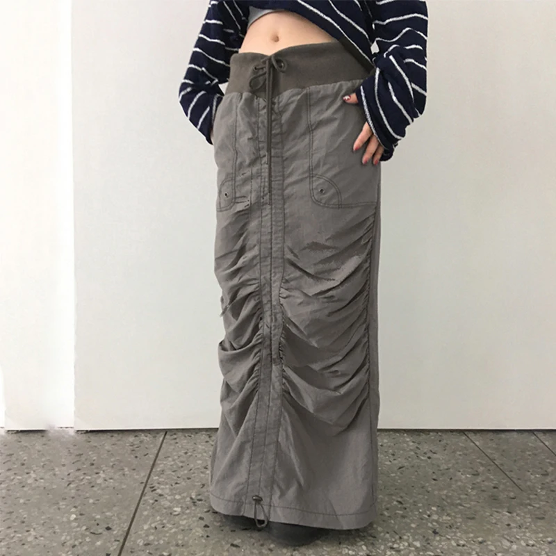 

HEYounGIRL Korean Harajuku Drawstring Long Skirt Vintage Gray Women Low Waist Loose Fit Cargo Maxi Skirt Grunge Streetwear Y2K