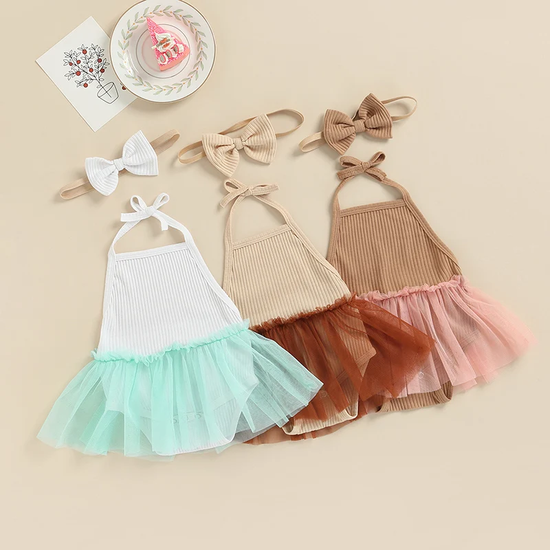

Baby Sleeveless Romper + Bow Headband, Mesh Stitching Sweet Style Summer Clothing