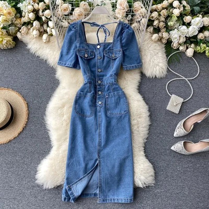 

2021 Summer Women Square Collar Denim Dress New Short Sleeve Single Breasted Sexy Mid Long Dress Lady Fashion Pocket Jeans Dress
