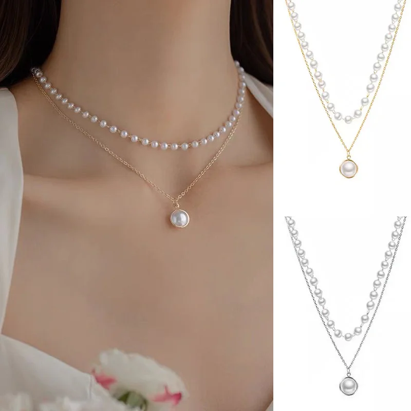 

Women Imitation Pearl Necklace Double Layer Chain Solid Color Accessories Bead Choker Jewelry For Girls Gold Plated Pendant