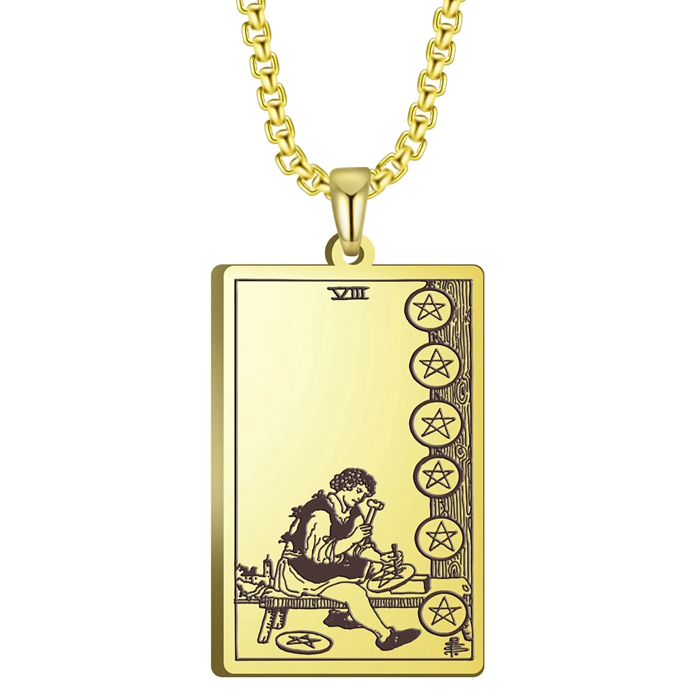 

3 Colors Black Color Gold Color Steel Color 24x40mm Tarot Eight Of Pentacles Pendant Necklace With 60cm Box Chain
