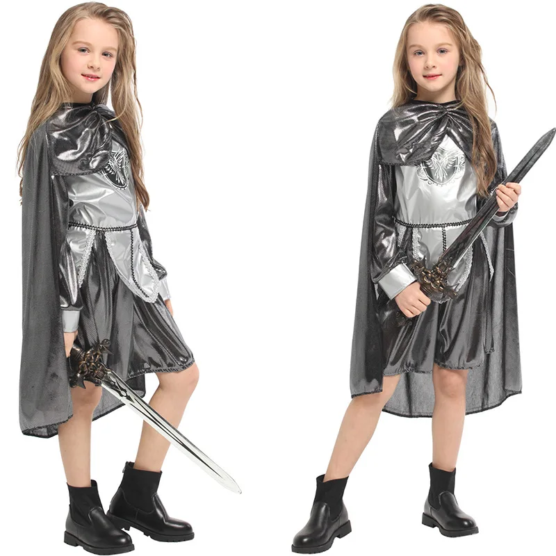 

Children Kids Shining Silver Medieval Warrior Knight Costume Girls Halloween Purim Carnival Party Masquerade Role Play