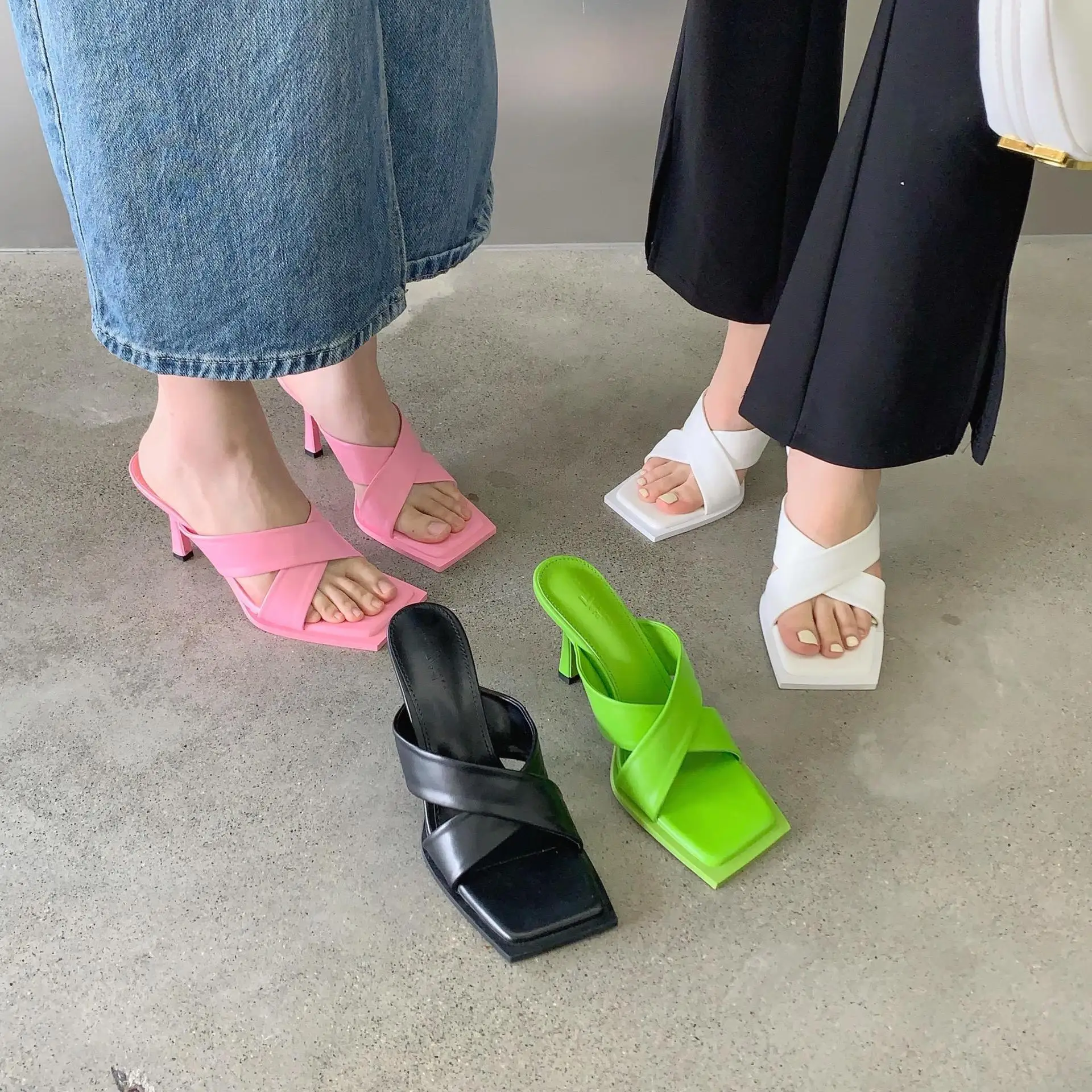

Шлепанцы женские на квадратном каблуке, сланцы, роскошная обувь, высокий квадратный носок, модная базовая обувь из искусственной кожи, 2023