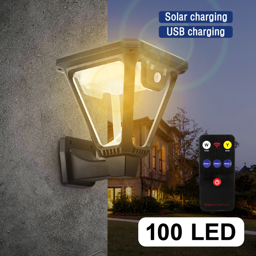 

100 LED Solar Lantern Outdoor Solar Wall Lights 2 Color 360° Angle Illumination Solar Moiton sensor LawnLights with USB Charging