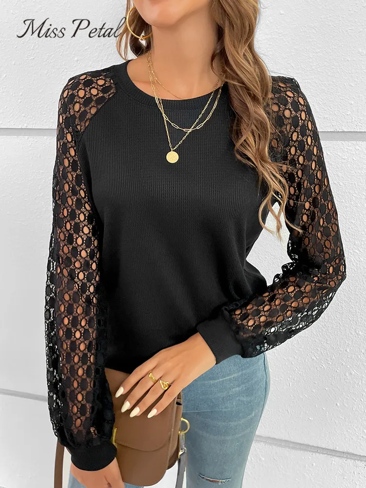 

MISS PETAL Ribbed Cutout Raglan Sleeve Top For Woman Black Casual Cutout Mock Neck Sweatshirt 2023 Spring Autumn Pullovers Tops