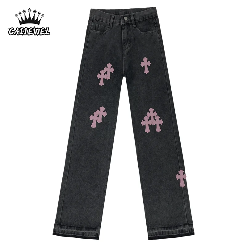 

Women's Straight Jeans Crucifix Printing Vintage Street High Waist Wide Leg Pants Casual Baggy Plus Size Denim Trouser Ladies