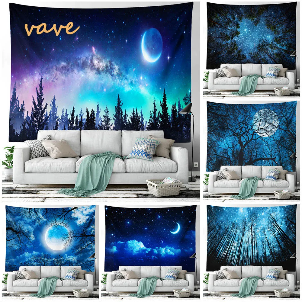 

Moon and Star Tapestry Wall Hanging Landscape Forest Tree Printed Cloth Large Fabric Tapestry Aesthetic Interior Room Decor