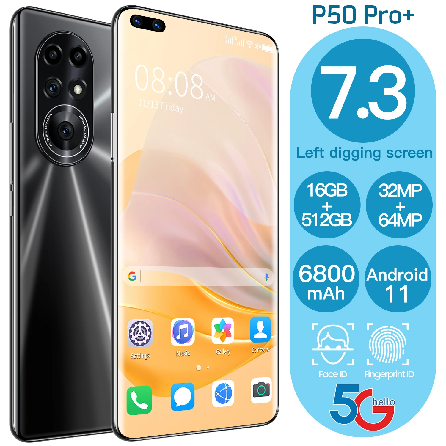 

2021 Global Version New 7.3 Inch Screen 5G Smartphone with 16GB+512GB for Huawei P50 Pro+ Cellphone Samsung Xiaomi Mobile Phone