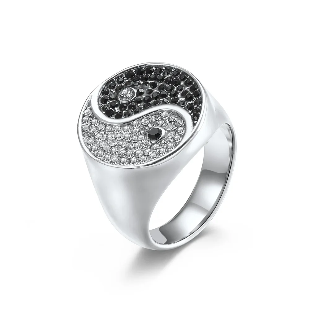 

Punk Tai Chi Fish Zircon Men Stainless Steel Ring Black White Gothic Luxury Gold Color Rings Jewelry Valentine Gift
