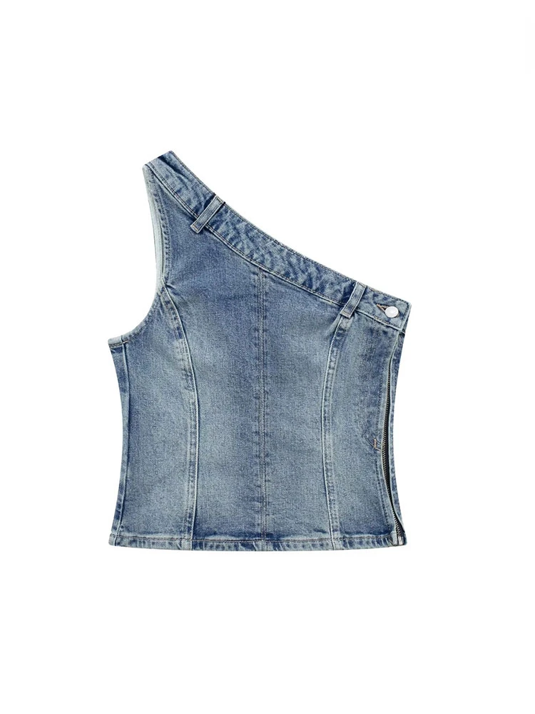 

TRAF Women Tanks Fashion Asymmetric Denim Tank Tops Sexy One Shoulder Side Zipper Female Casual Clothes Camis Harajuku Mujer