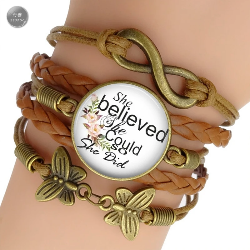 

She Believed She Could So She Did Glass Cabochon Dome Quote Inspirational Woven Multilayer Jewelry Courage Weave Bracelet Gift