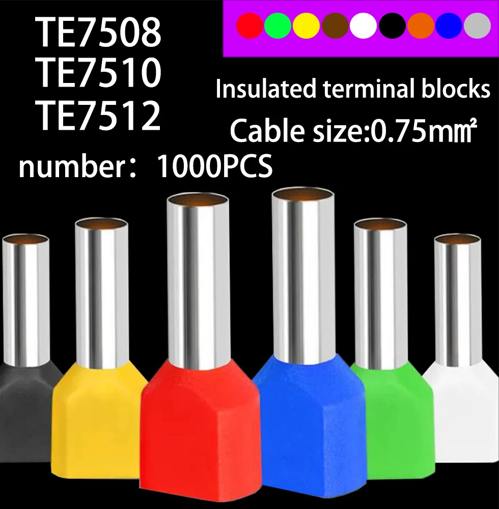 

1000PCS TE7508 TE7510 TE7512 ouble pipe 0.75MM² cold pressed end double line tube shaped insulated tubular terminal