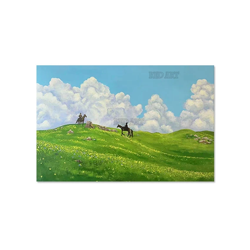 Пастбище пейзаж люди ездящие лошади большая роскошная холщовая картина маслом