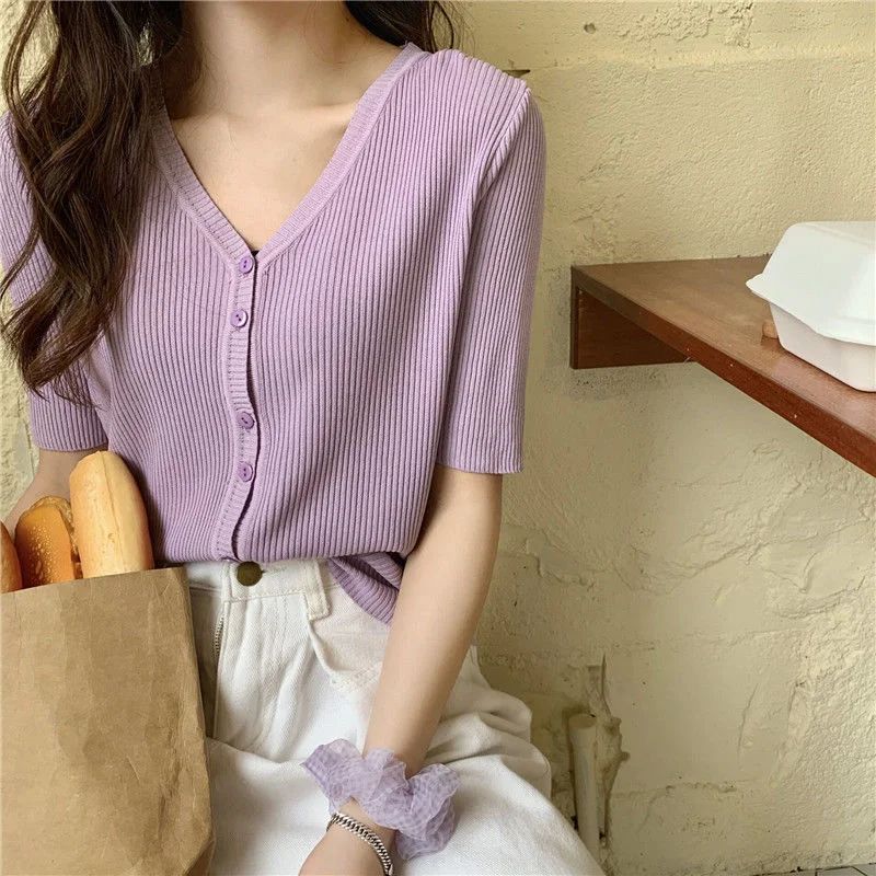 

new fashion girl summer clothing knitted jacket loose short cardigan women clothing crop tops short sleeve v-neck blouse
