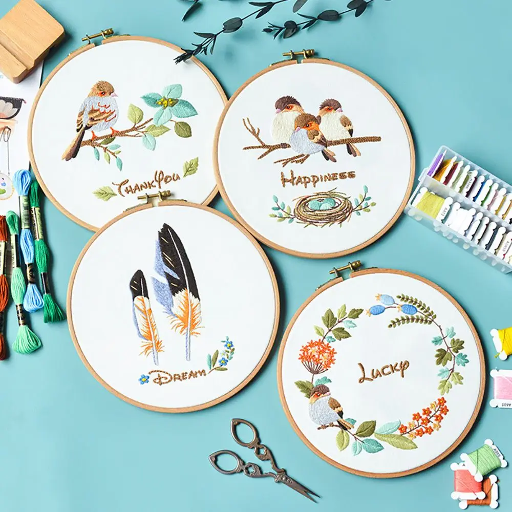 

1Pc Bird Flowers Plants Pattern Embroidery Kit Bamboo Hoop DIY Cross Stitch Set Punch Needle Kit Art Craft Painting Home Decor