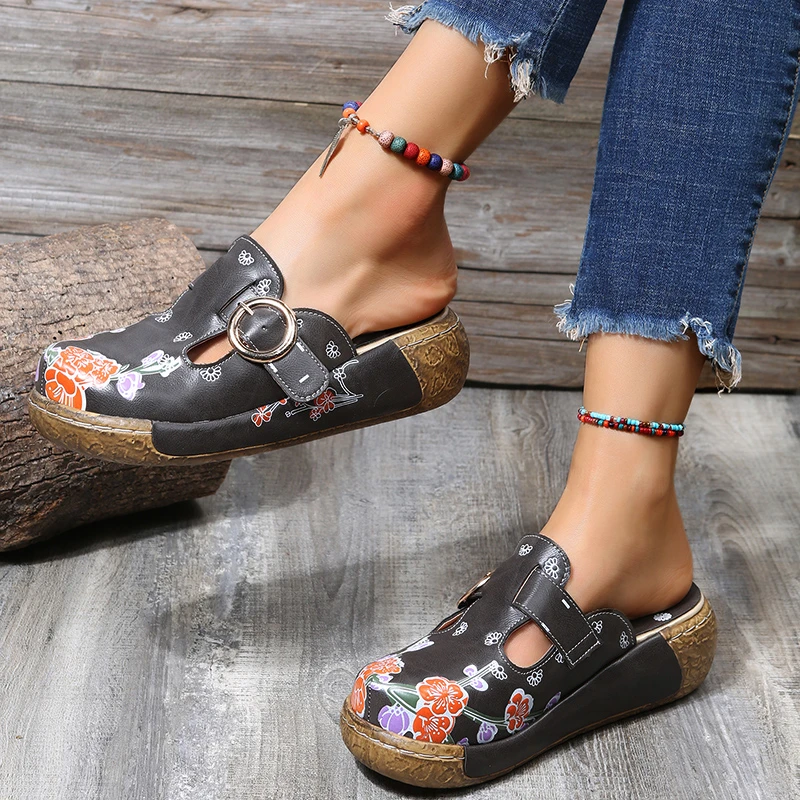 

National Style Flowers Printed Comfort Thick-bottom Light Non-slip Baotou Genuine Leather Manual Half Slipper Ladies Sandals