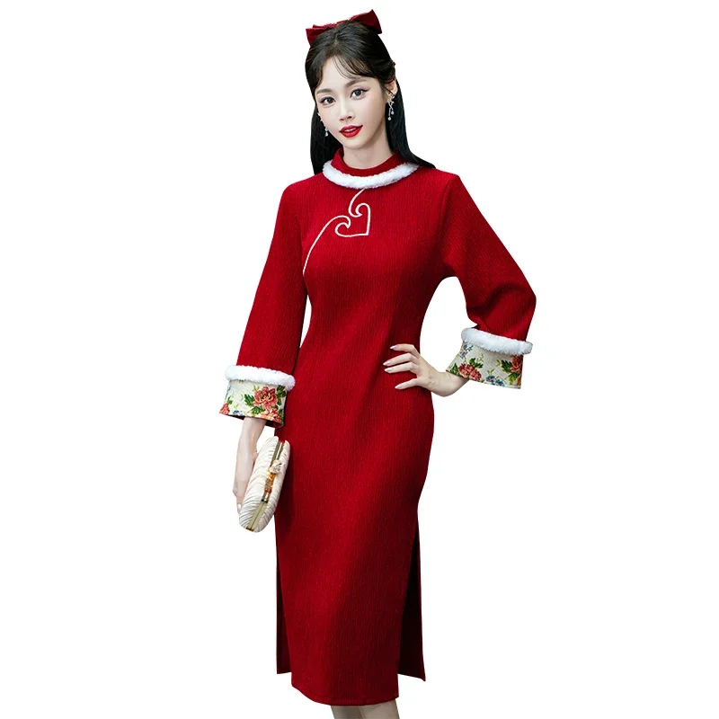 Осенне-зимнее свадебное платье улучшенное красное Cheongsam традиционное китайское