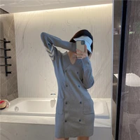 niche knitted dress tb hong kong flavor retro small fragrance double breasted short skirt waist was thin bottoming skirt women