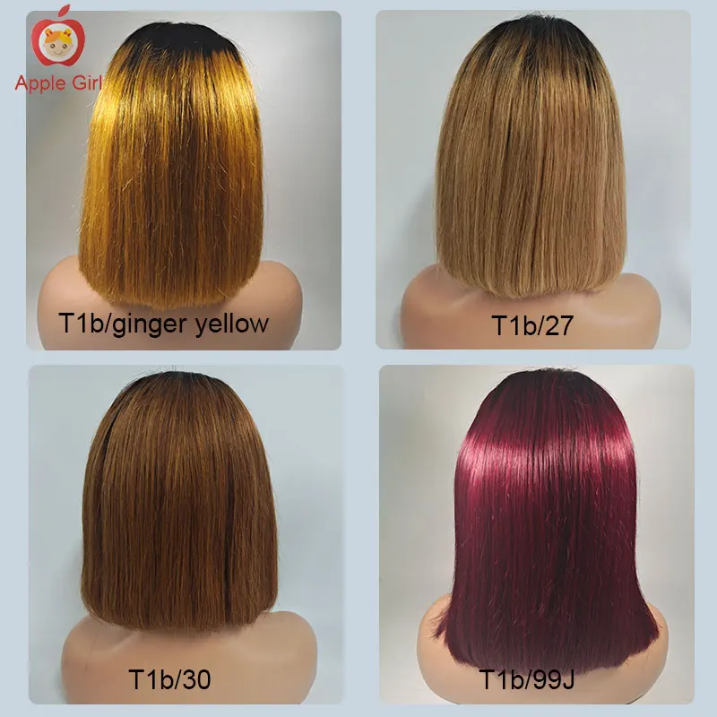 Ombre Ginger Yellow Color HD Transparent Lace Closure Wigs Short Bob Wigs 210% Density Brazilian Straight Human Hair Lace Wigs