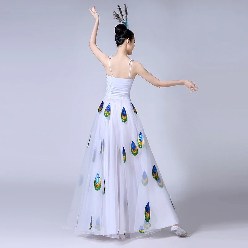 New Peacock Dance Big Swing Skirt Adult Performance Female Sparrow Spirit Yarn White Dai Opening 1 Piece