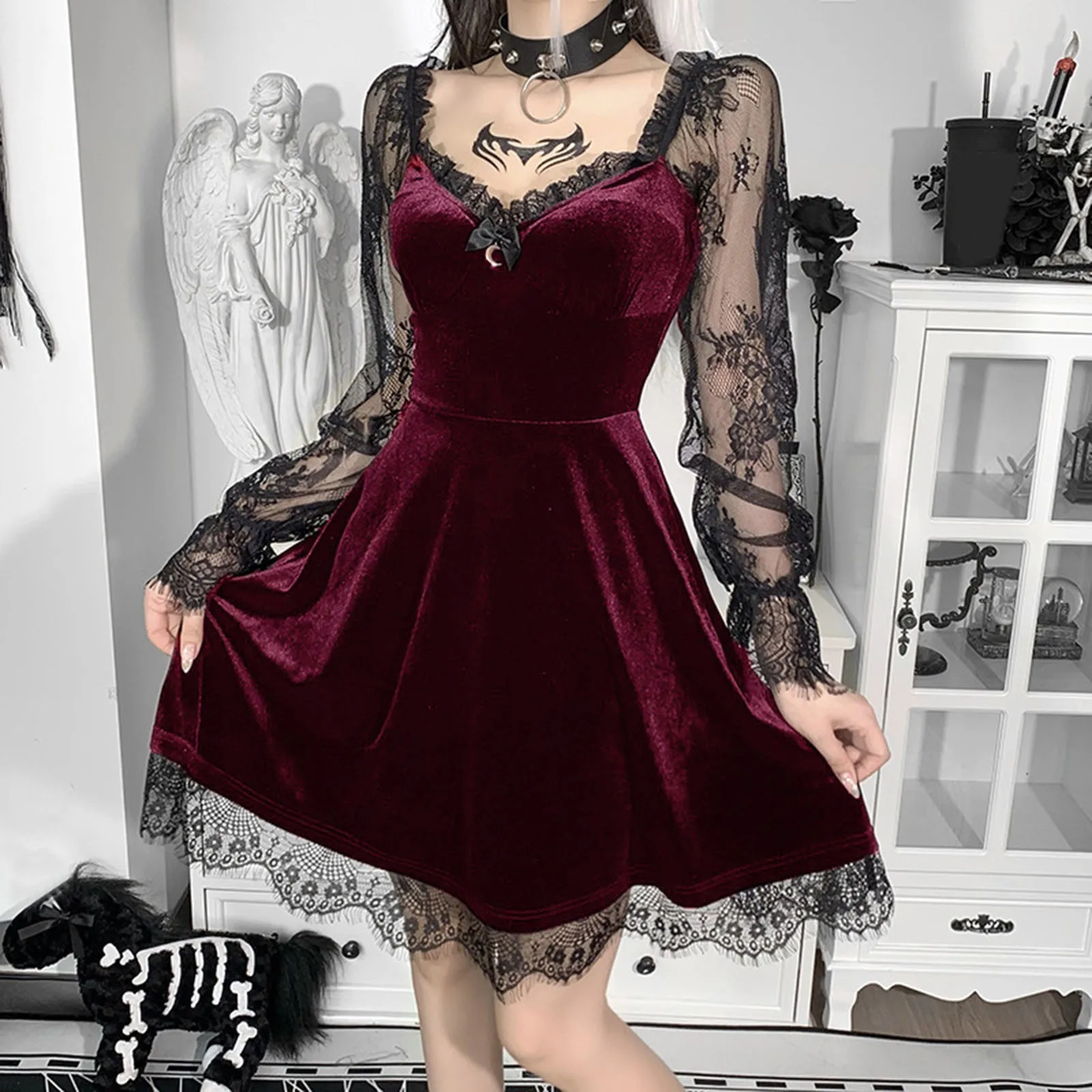 

E-Girl Grunge Gothic Black Mini Dress Women Sexy Lace Stitching A Line Lolita Dress 2022 New Goth Aesthetic Ladies Party Dresses