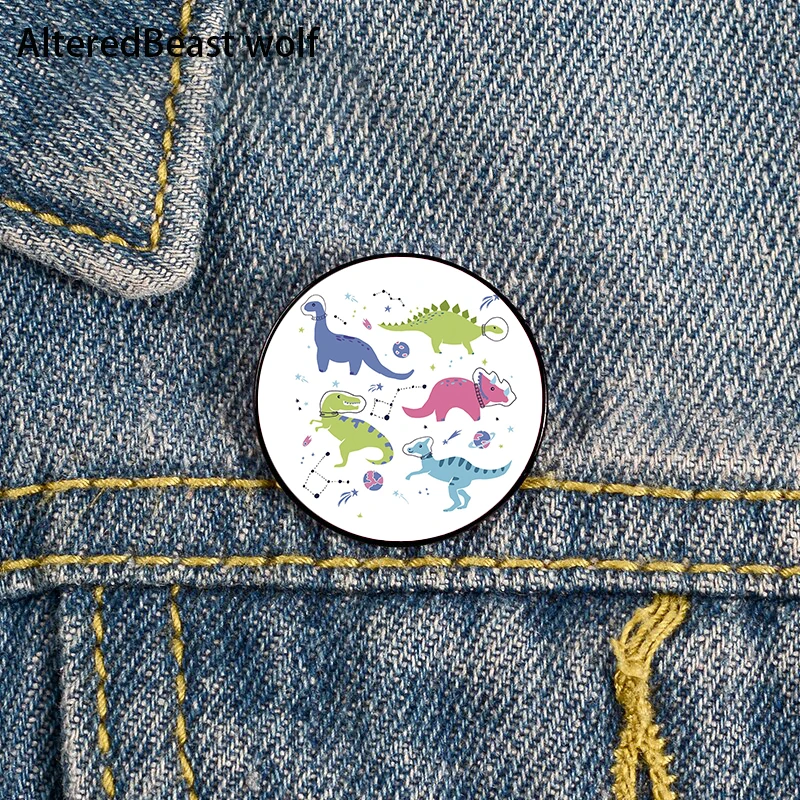 

Space Dinosaurs in a Purple Sky Pin Custom Funny Brooches Shirt Lapel Bag Cute Badge Cartoon Jewelry Gift for Lover Girl Friends