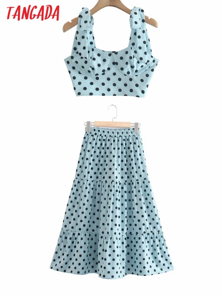 

Tangada 2022 Chic Blue Dots Print Suit Women Skirt Set Fashion New Suit 2 Piece Set Camis and Skirt 8Y31