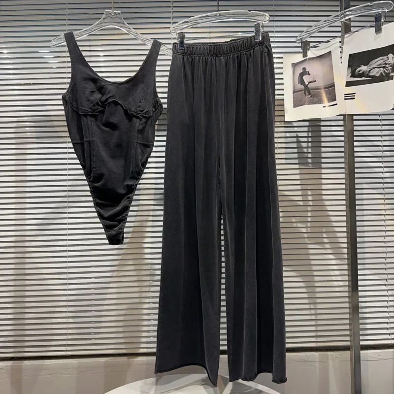 

PREPOMP летние комбинезоны без рукавов с круглым вырезом винтажные черные с эластичным поясом длинные широкие брюки комплект из двух частей tracjsuit GK766