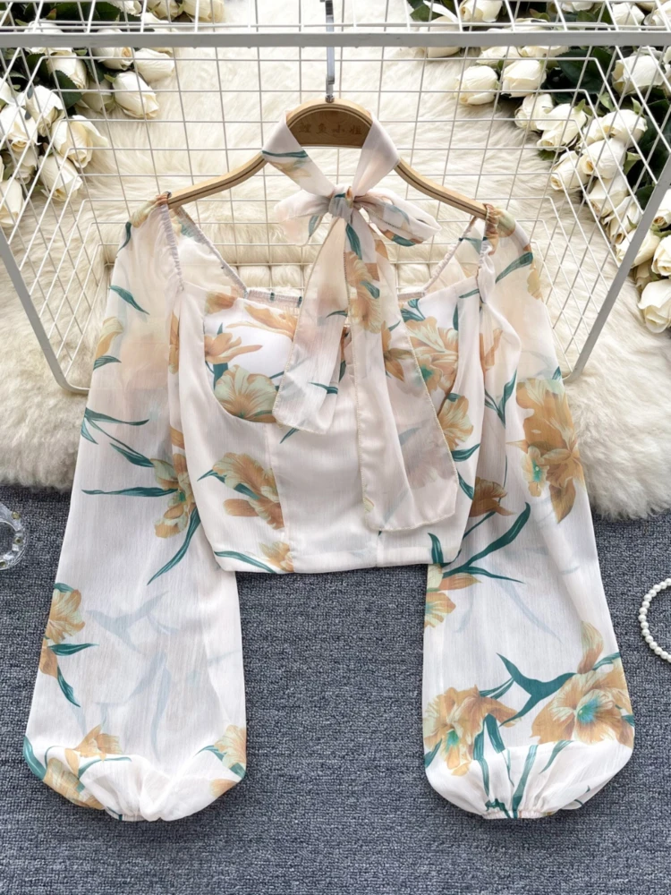 Женская винтажная шифоновая блузка милая Укороченная рубашка с квадратным