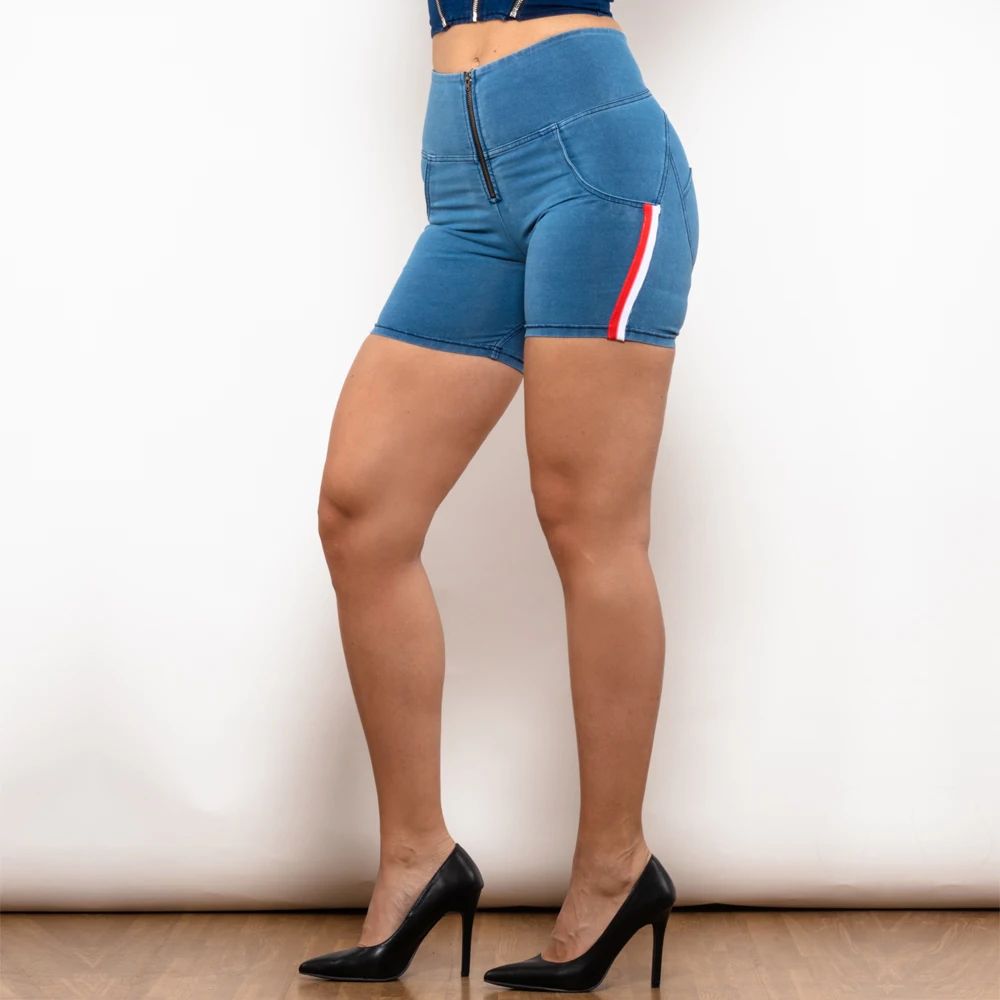 Shascullfites Melody Scrunch Bum Denim Shorts High Waist Dark Thread Light Blue Jeans with Stripe Shorts Women