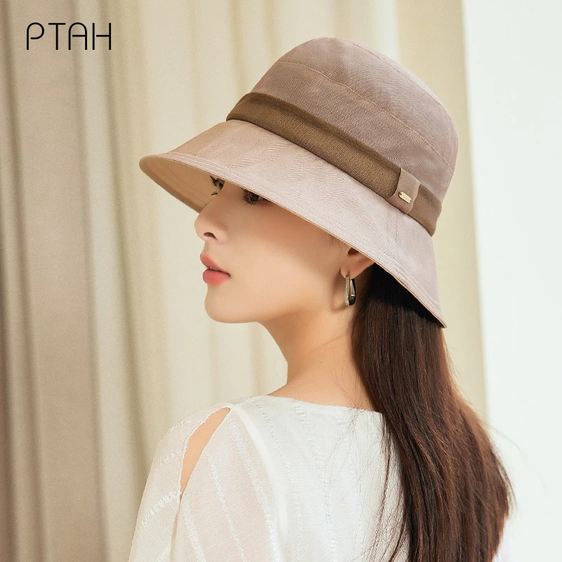 

[PTAH] Spring Hats Women Summer 100% Mulberry Silk Hats Sun Protection Breathable Caps Women Beach UV Protection Hat For Female