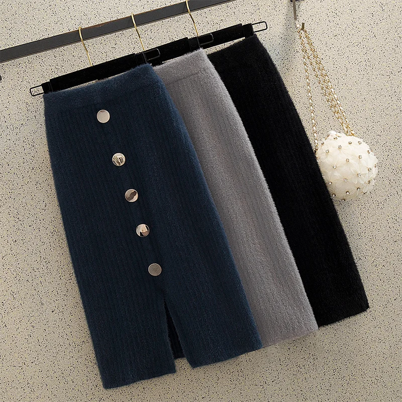 

Autumn and Winter New Extra Thick Mink Cashmere Single-Breasted Knitted Skirt Split Office Lady Sheath Skirt Midi Knitted Skirt