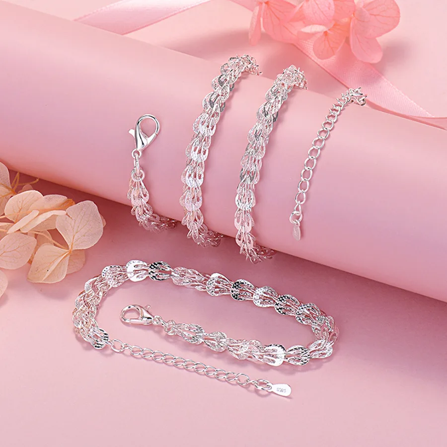 

High quality 925 Sterling silver lathes carved pattern chain bracelets neckalces jewelry set for women fashion Party wedding