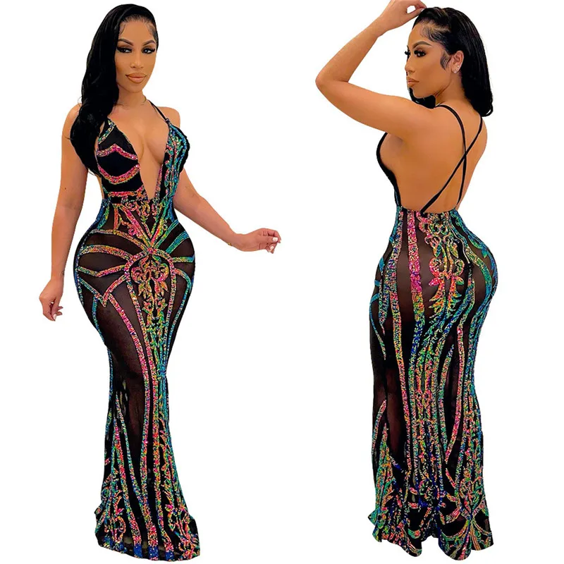 

WUHE Women Sequin Patchwork Mesh Backless Mermaid Maxi Dress Sexy Deep V-neck Bodycon Night Party Pencil Long Dresses