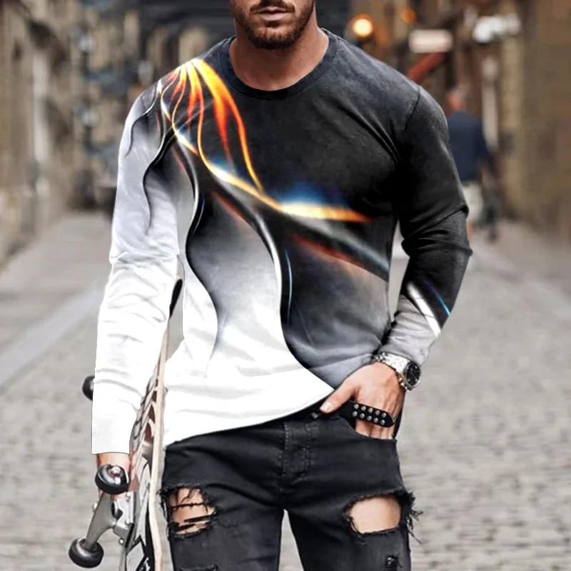 

Autumn New 3D Flame Printing Round Neck Long Sleeve Casual Fashion Trend Pullover Unisex Hip Hop Style Y2K Men's T-shirt