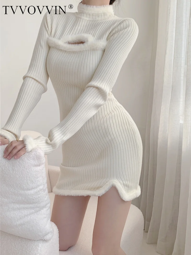 

Plush Short TVVOVVIN Mini Dress Autumn Winter New Hot Girls Hollow Out Sexy Knitting Sweater Mink Dresses 95L4