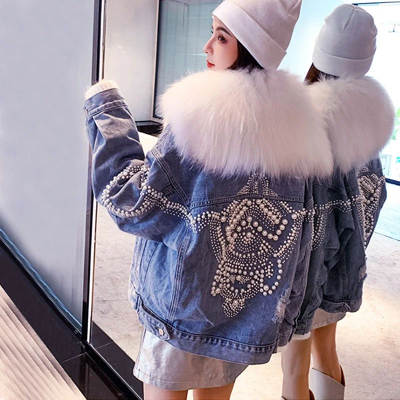 

Wool Inside Patchwork with Fur Plush Female Jeans Coat Padded Winter 2023 for Cold Blue Women's Denim Jackets Outerwears Warm