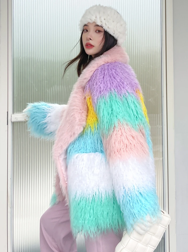 Beautiful Woman Colored Mosaic Warm Fur Coat 2023 Winter New High-end Luxury Suit Collar Imitation Mid-Length Fur Jacket Femme