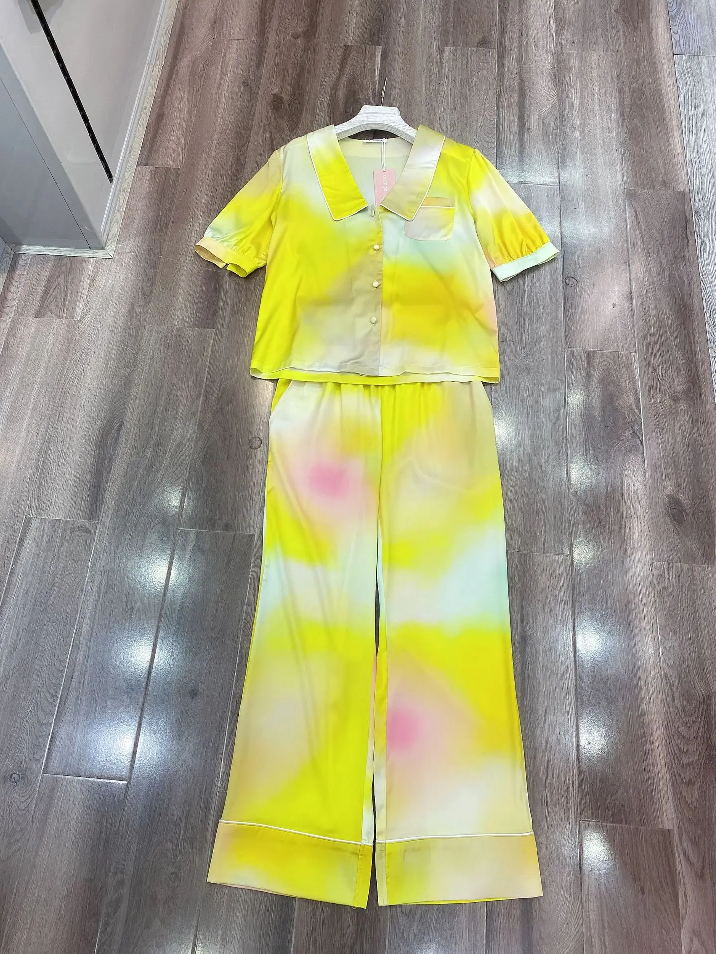 Women's Satin Pajama Set Tie-dye Print Spring Autumn Ladies Sleepwear Long Sleeve Silk Like Turn Down Collar Pijama For Female