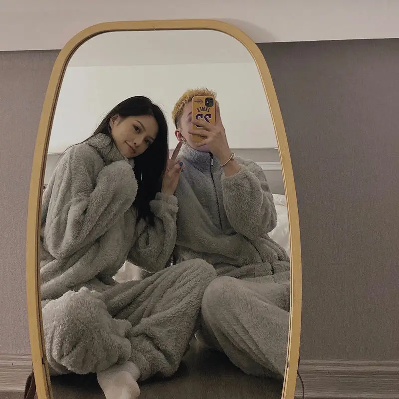 QWEEK Women Winter Pajamas Set Thick Warm Flannel Pijamas Turtleneck Black Gray Solid Color Zipper Pyjamas Couples Homewear Cute