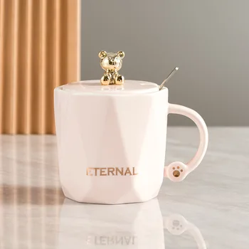 High-value ceramic office cup drinking water household water cup girl mug with lid spoon nordic style coffee cup