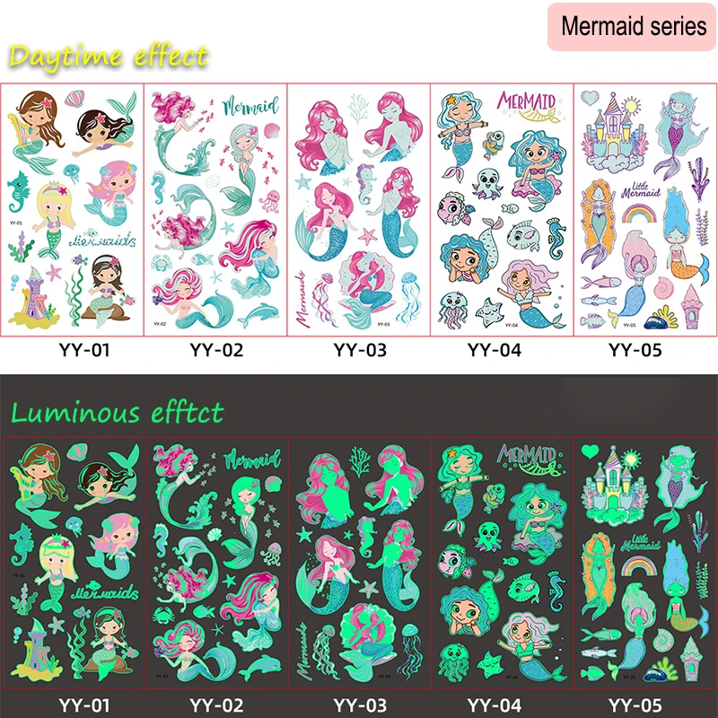 5 шт./лот светящаяся татуировка для лица Временный Цвет единорог динозавр Русалка