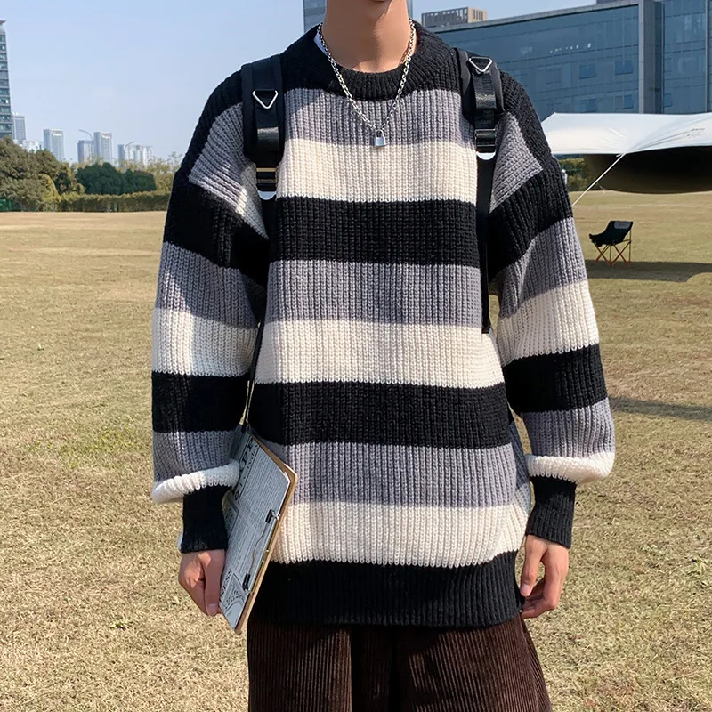 

Men's Top 2022 Round Neck Sweater Men's Autumn and Winter New All-match Striped Color-blocking Sweater Loose Bottoming Pullover
