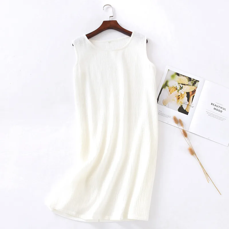 Summer Cotton Gauze Sleepwear Dress Women Solid Sexy Nightgowns Sleeveless Sleep Tops Female Nightie Plus Size Homewear