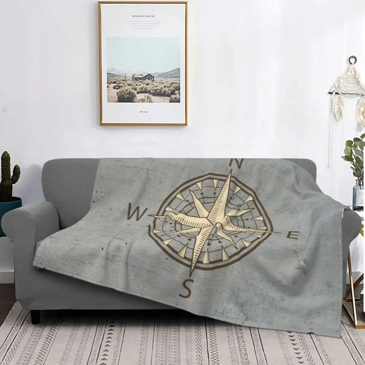 

3D Print Gray Compass Blankets Comfortable Soft Flannel Summer Nautical Sailing Sailor Throw Blanket for Sofa Home Bedding