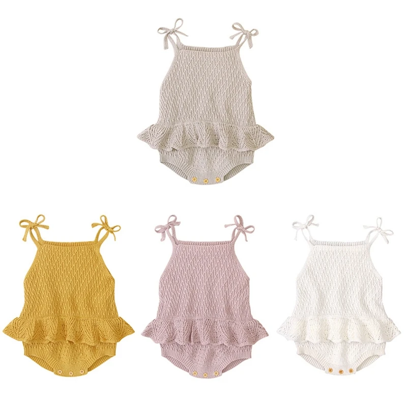 

Baby Girl Sleeveless Bodysuit Tie Spaghetti Strap Romper Knit Ruffles Jumpsuit